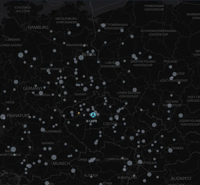 Mapa Evropy s letišti v okolí Prahy do 650 nm a začátkem trasy