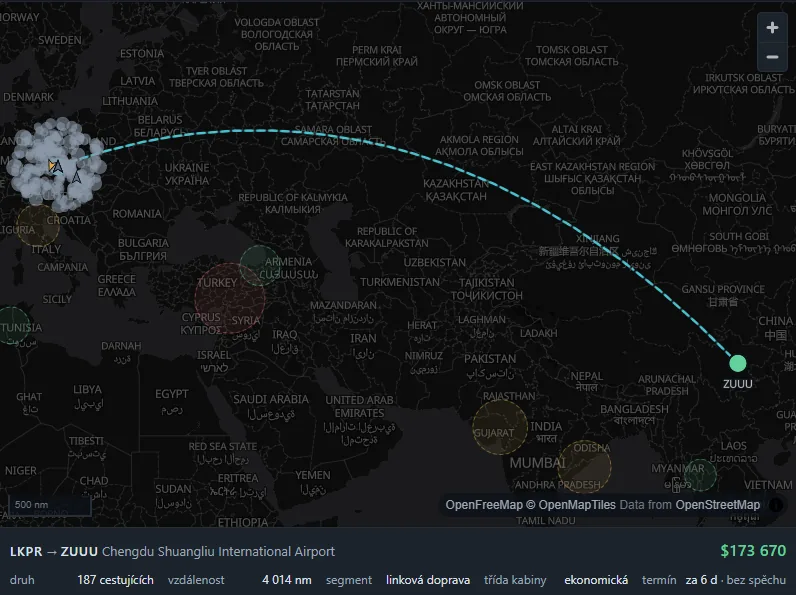 Celá trasa z Prahy do Čcheng-tu na mapě