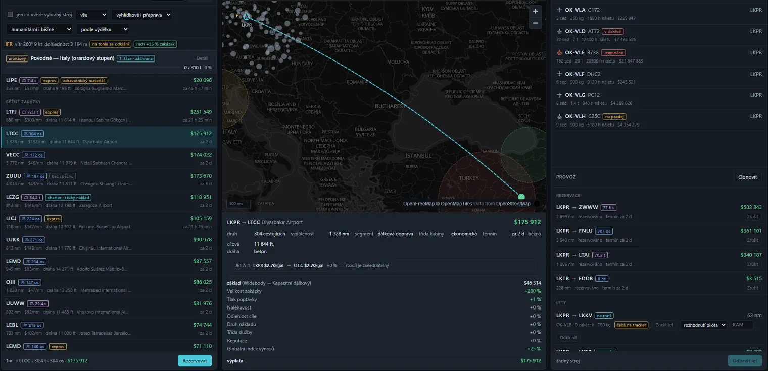 Mapa s trasou zakázky z Prahy do Diyarbakıru a rozpadem výplaty na násobky
